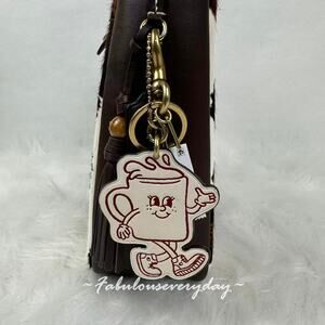 COACH Coffee Cup Bag Charm Lil Miss Jo In Leather/Brass/Chalk Multi New